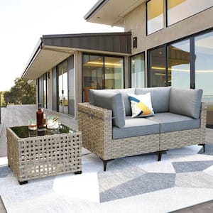 Apollo 3-Piece Wicker Outdoor Patio Conversation Seating Set with Dark Gray Cushions