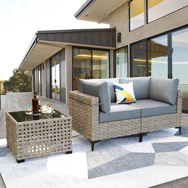 XIZZI Apollo 3-Piece Wicker Outdoor Patio Conversation Seating Set with Dark Gray Cushions