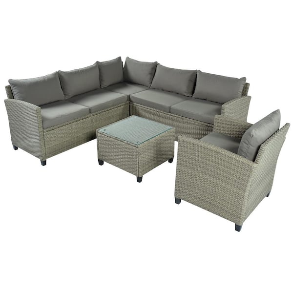 FORCLOVER Gray 5-Piece Wicker Patio Conversation Set with Gray Cushions and Coffee Table