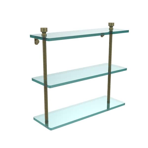 Allied Brass Foxtrot 16 in. L x 15 in. H x 5 in. W 3-Tier Clear Glass Bathroom Shelf in Antique Brass