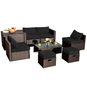 8-Piece Wicker Patio Conversation Set Space-Saving Furniture Set with Black Cushions, Storage Box and Waterproof Cover