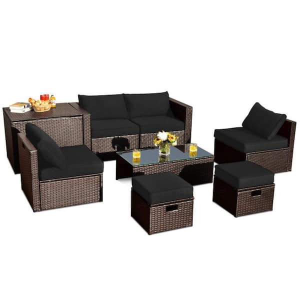 Clihome 8-Piece Wicker Patio Conversation Set Space-Saving Furniture Set with Black Cushions, Storage Box and Waterproof Cover