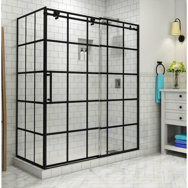 Aston Kamaya 56 in. - 60 in. x 33.875 in. x 76 in. Frameless Sliding Shower Enclosure in Matte Black, Left Open
