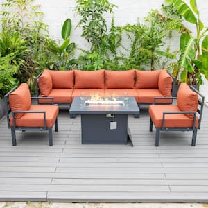 Chelsea Modern Black 7-Piece Aluminum Patio Sectional Seating Set with Fire Pit Table and Orange Cushions