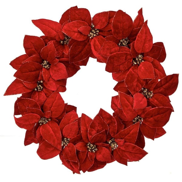 24 in. Red Artificial Glitter Poinsettia Wreath