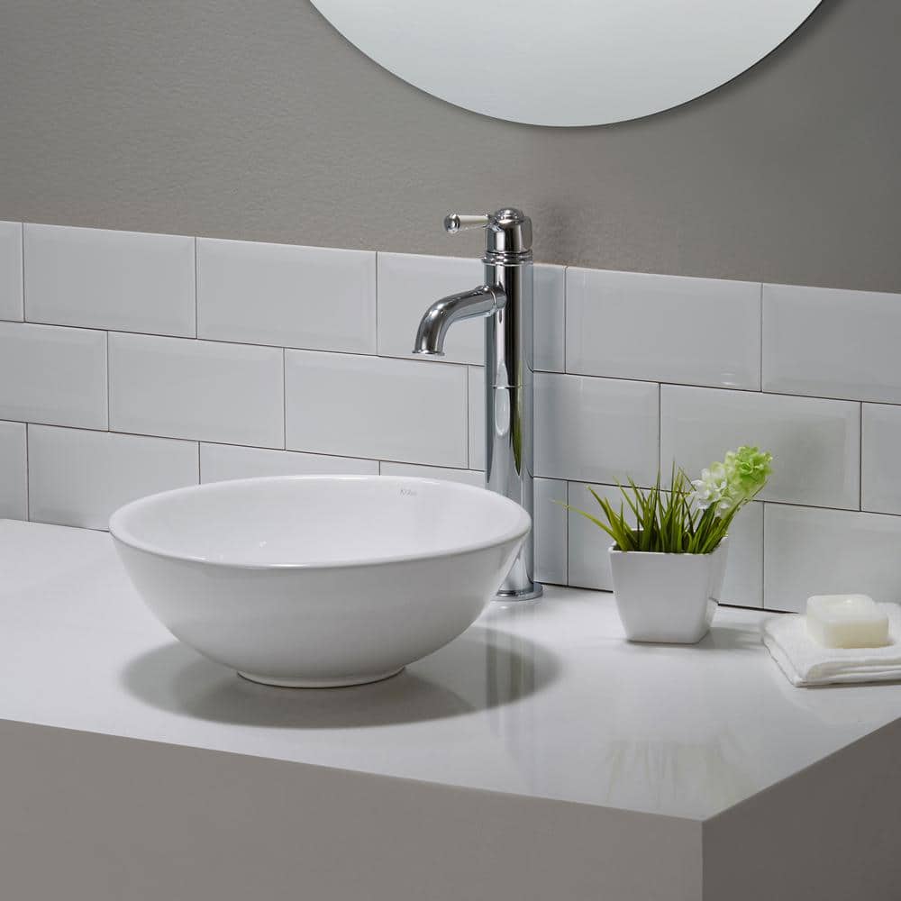 Elavo White Ceramic Round Vessel Sink with Oil Rubbed Bronze Drain