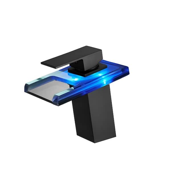 Single-Handle LED light 3 Colors Changing Waterfall Glass Spout One Hole Deck Mount Bathroom Faucet in Matte Black