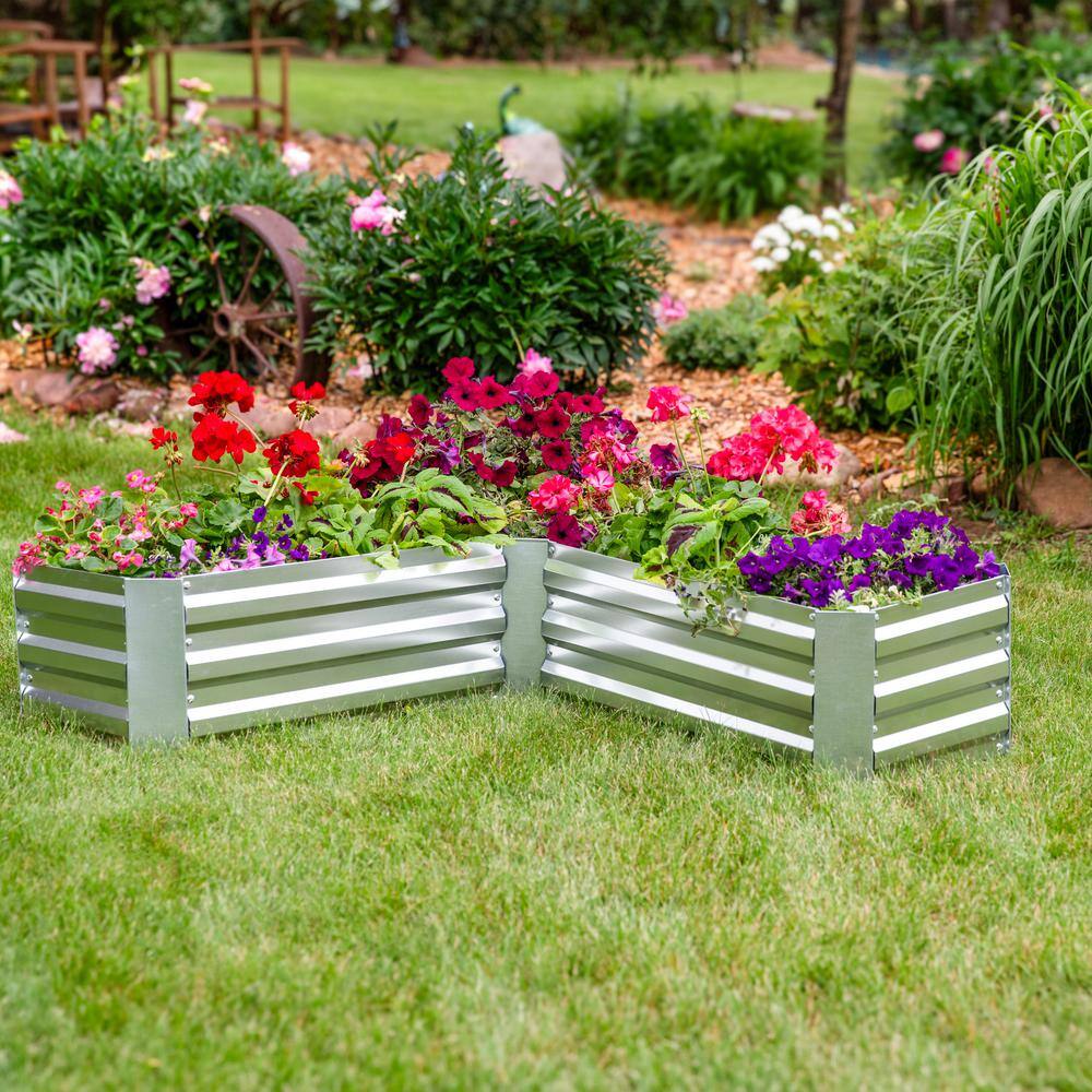 L-Shaped Silver Galvanized Steel Raised Garden Bed