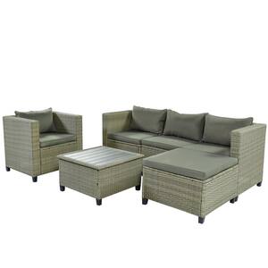 5-Piece Gray Wicker Rattan Conversation Set with Gray Cushions
