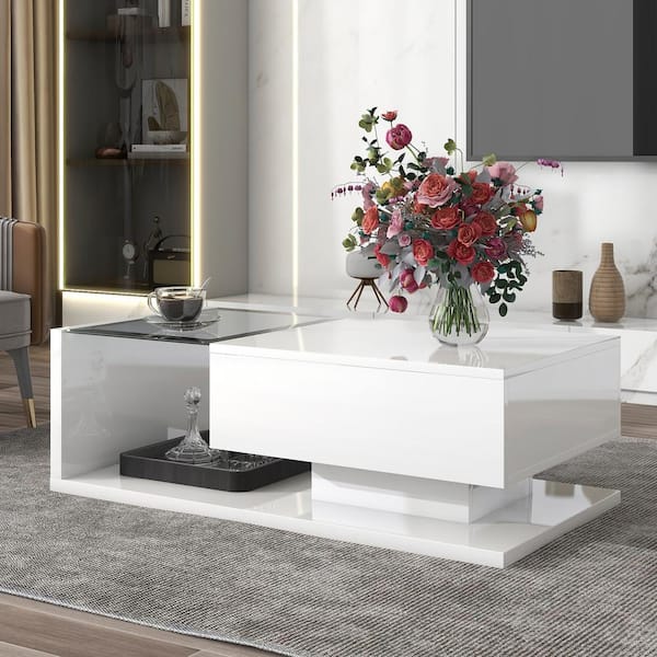 Polibi 39.30 in. White Rectangle Particle Board Top Coffee Table with Tempered Glass