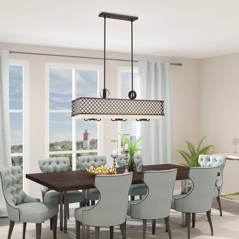 Arabesque English Bronze 9-Light Linear Chandelier with Fabric Shades