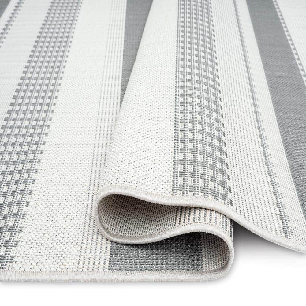 Gray and Cream Striped Synthetic 5' x 7' Indoor/Outdoor Rug
