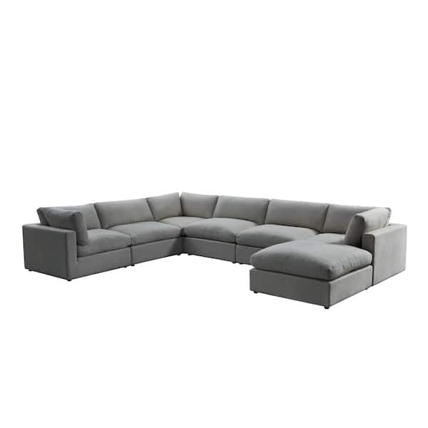 Shabby Chic Yaritza 108 in. Grey Upholstered Linen 7-Seat Sofa
