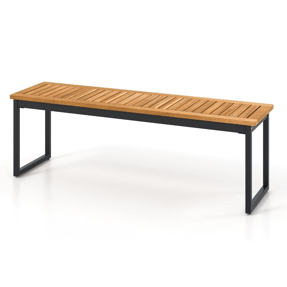 Patio Dining Backless Bench with Slatted Seat and Metal Legs