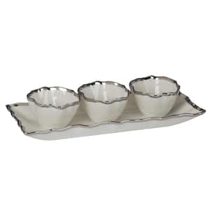 14 in. W. x 6.25 in. H x 1.75 in. D White Porcelain Regency Silver 4-Piece Serving Tray