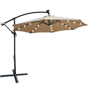 10 ft. Steel Market Solar Powered LED Lighted 8 Ribs Patio Umbrella with Crank and Cross Base in Tan