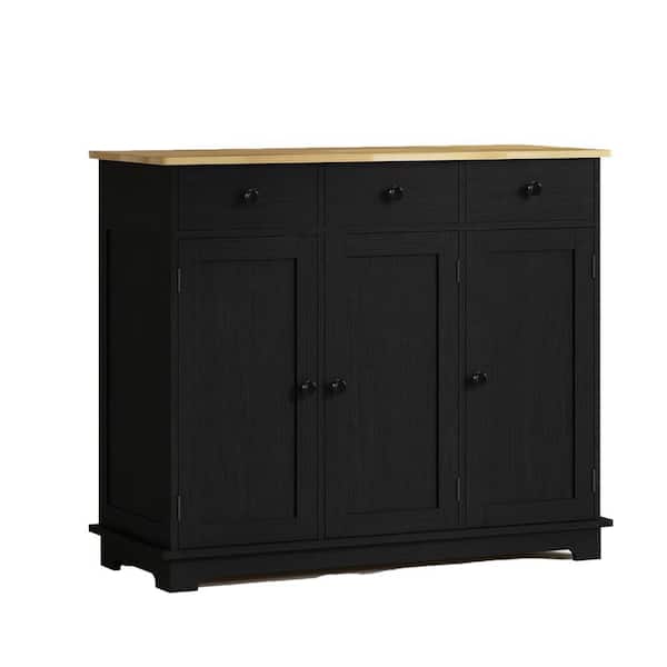 Black Wood Pantry Organizer, Modern Kitchen Storage Cabinet with Countertop, 3 Drawers, Doors and Adjustable Shelf