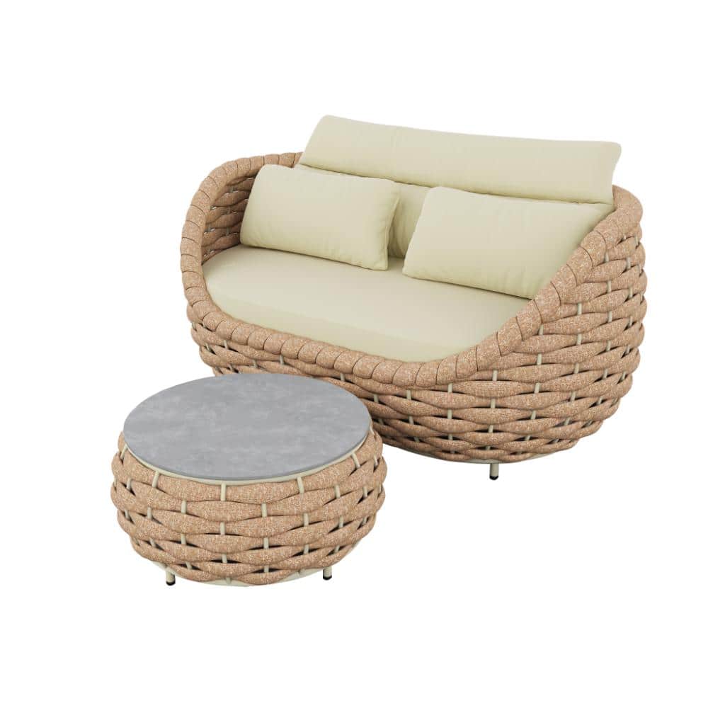 Orange Aluminum Frame Patio Textilene Woven Rope Outdoor Couch Loveseat 2-seat Sofa with Cushion and Coffee Table price history on PriceWatchPro