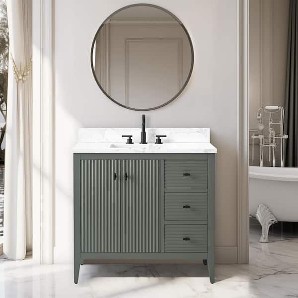 36 in. W x 22 in D x 38 in. H Single Sink Bath Vanity Cabinet in Linear Vintage Green with White Engineered Marble Top