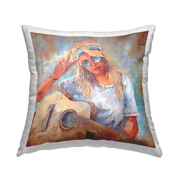 Stupell Industries Boho Guitarist Woman Peace Sign Multi-Color Square Outdoor Throw Pillow