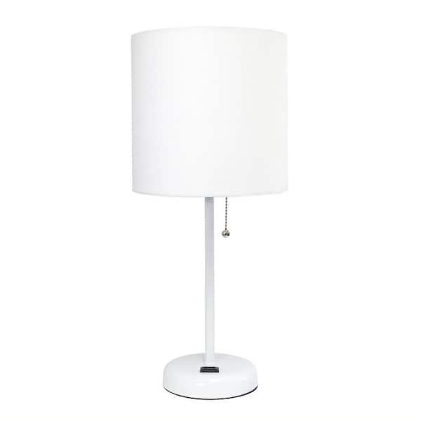 Creekwood home 19.5 in. White Stick and White Shade Contemporary Bedside Power Outlet Base Standard Metal Table Lamp with Fabric Shade