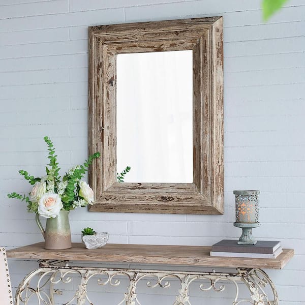 Unbranded Brown 29.7 in. W x 39.4 in. H Farmhouse Rectangle Wood Framed Mirror Wall Mirror Bathroom Mirror