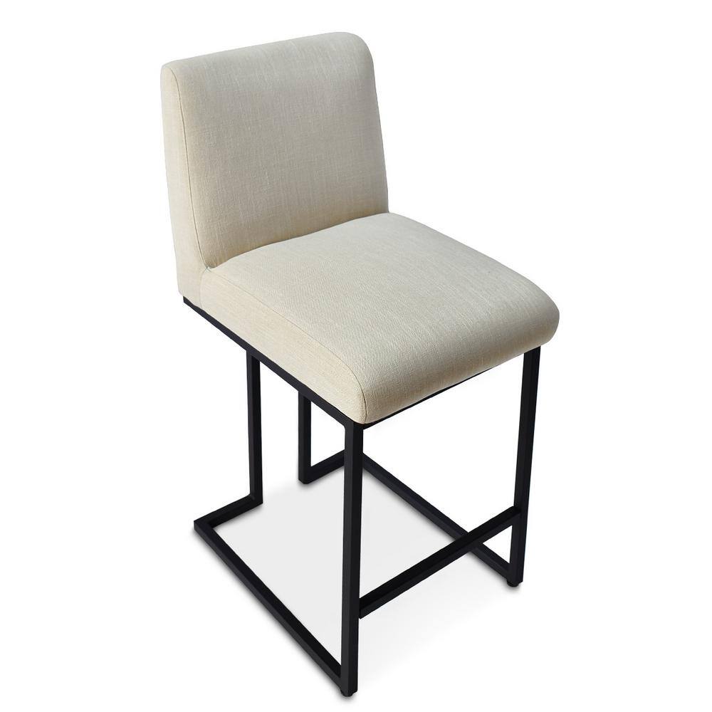 Beige Upholstered Counter Stools with Black Metal Sled Legs, Set of 2