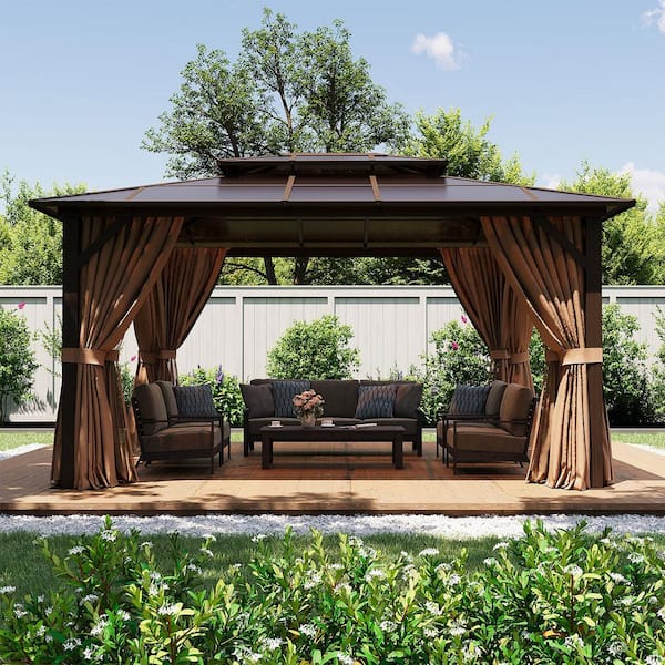 14 ft. x 10 ft. Double Polycarbonate Roof Gazebo with Aluminum Frame, Hooks, Curtains and Netting for Backyard, Patio
