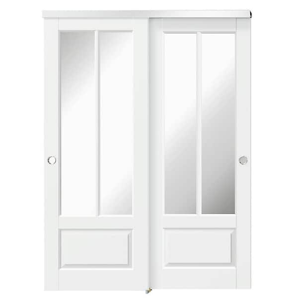TENONER 60 in. x 80 in. (Double 30 in. ), 2-Lite, MDF, Painted, Mirrored Glass, White Interior Door Slab with Bypass Hardware