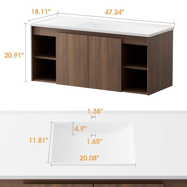 Deep Wood Grain 48 in. Single Sink Floating Bath Vanity with White Resin Top, 2-Soft-Closing Doors and 4-Shelves
