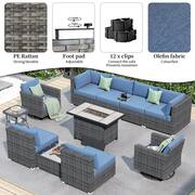 Messi Grey 11-Piece Wicker Outdoor Patio Fire Pit Conversation Sofa Set with Swivel Chairs and Denim Blue Cushions