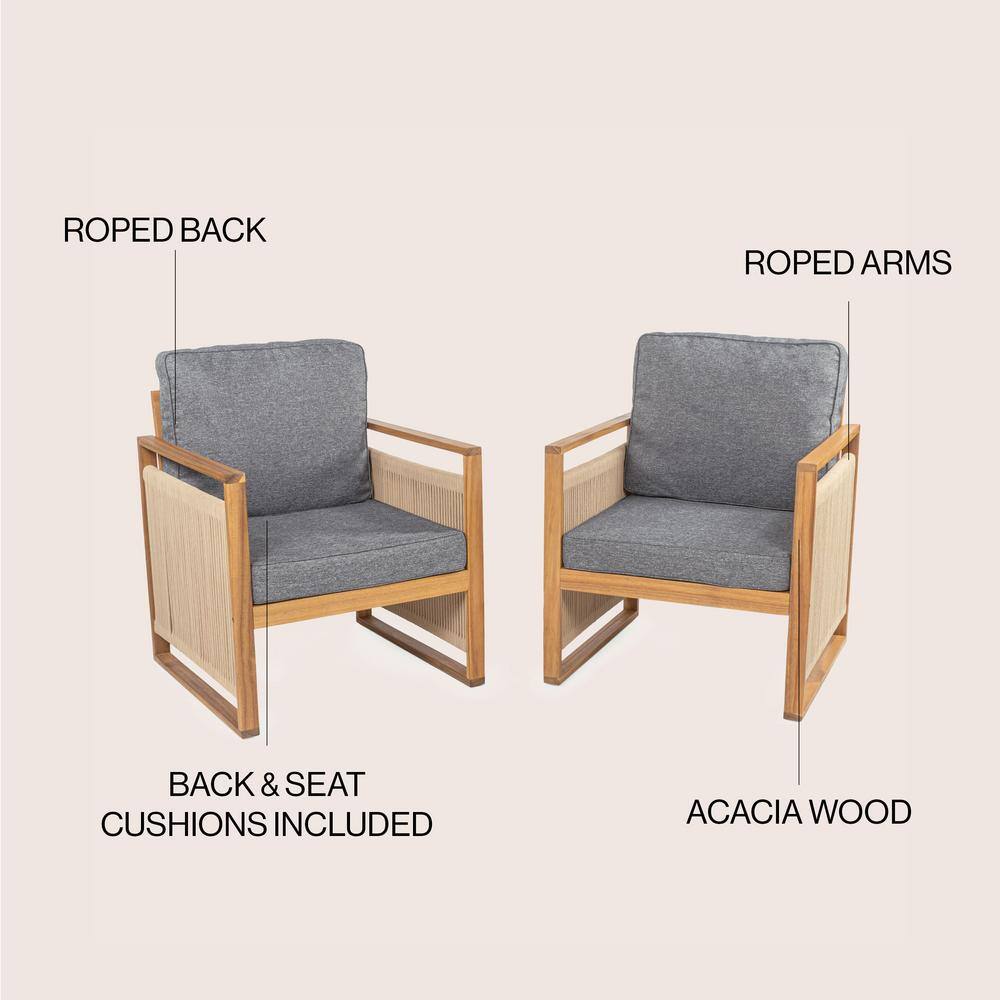 Teak Brown Mid-Century Modern Roped Wood Patio Chairs with Cushions
