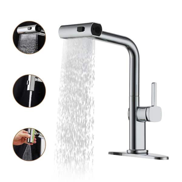 Single Handle Pull Down Sprayer Kitchen Faucet with 3-Functions Spray, 360° swivel Deckplate Included in Chrome Plated
