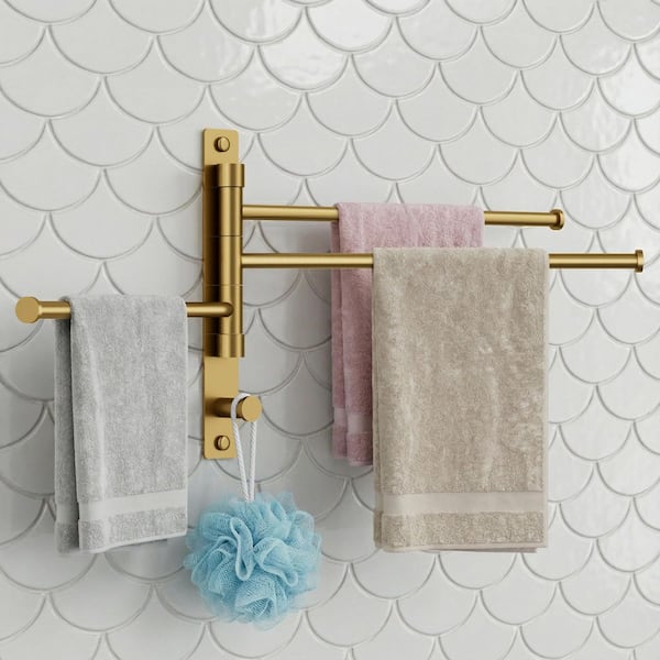 12.5 in. Wall Mounted 3-Arm Swing Towel Bar in Brushed Gold