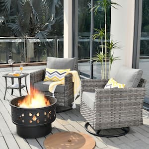 Eufaula Gray 4-Piece Wicker Patio Conversation Swivel Chair Set with a Wood-Burning Fire Pit and Dark Gray Cushions