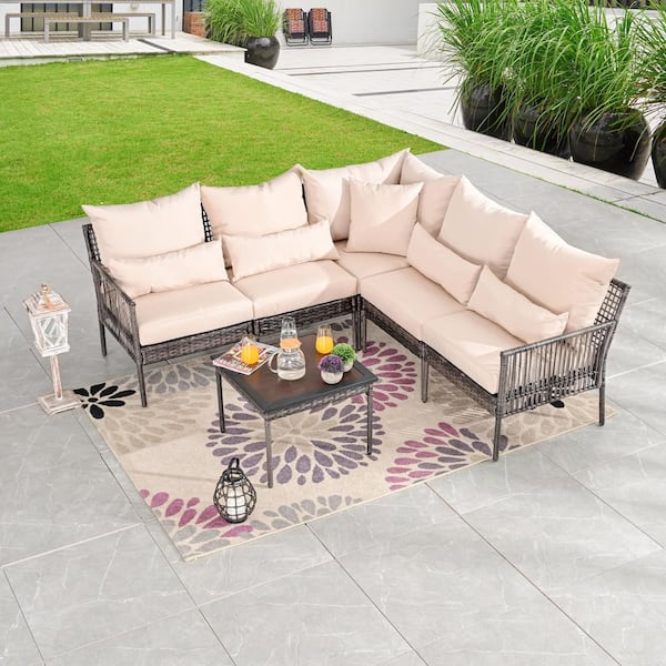 Patio Festival 6-Piece Wicker Outdoor Conversation Set with Beige Cushions
