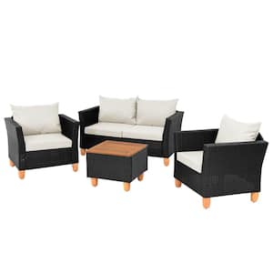 4-Piece Wicker Patio Conversation Set with Removable Off White Cushions and Storage Coffee Table