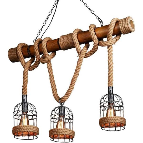 Industrial Vintage Chandelier Birdcage Island Light 3 Pendant Lights Lantern Style with Rope Cage Frame Wood Decor 39