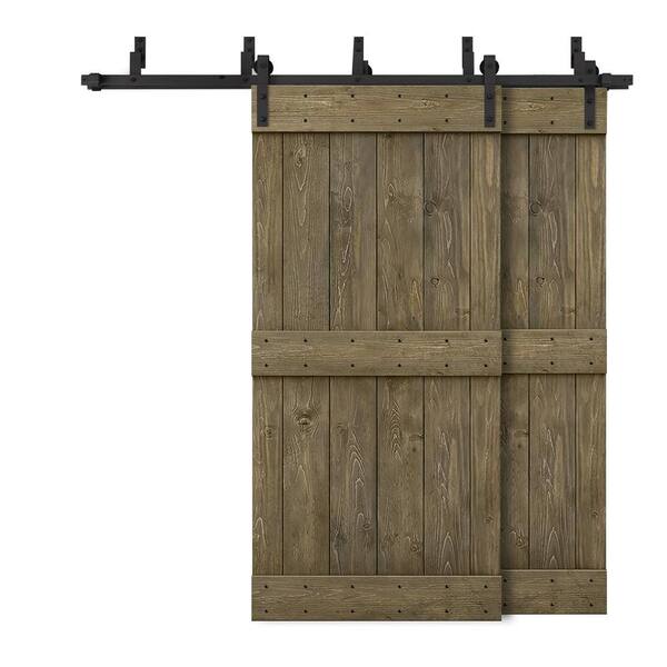 CALHOME 76 in. x 84 in. Mid-Bar Bypass Aged Barrel Stained DIY Solid Wood Interior Double Sliding Barn Door with Hardware Kit