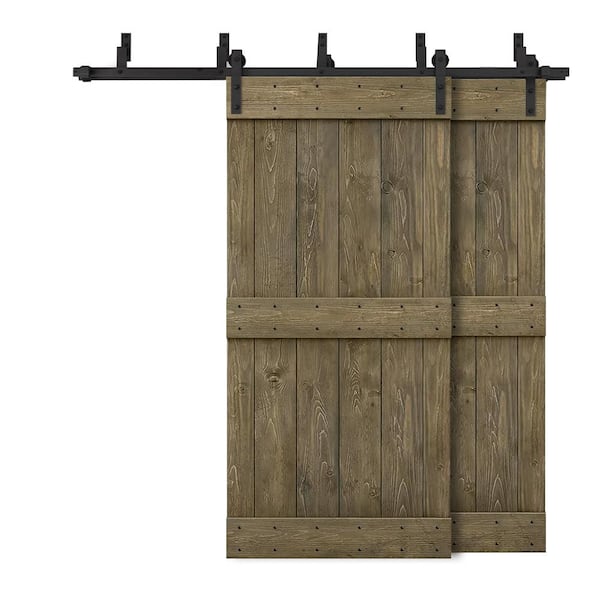 CALHOME 88 in. x 84 in. Mid-Bar Bypass Aged Barrel Stained DIY Solid Wood Interior Double Sliding Barn Door with Hardware Kit