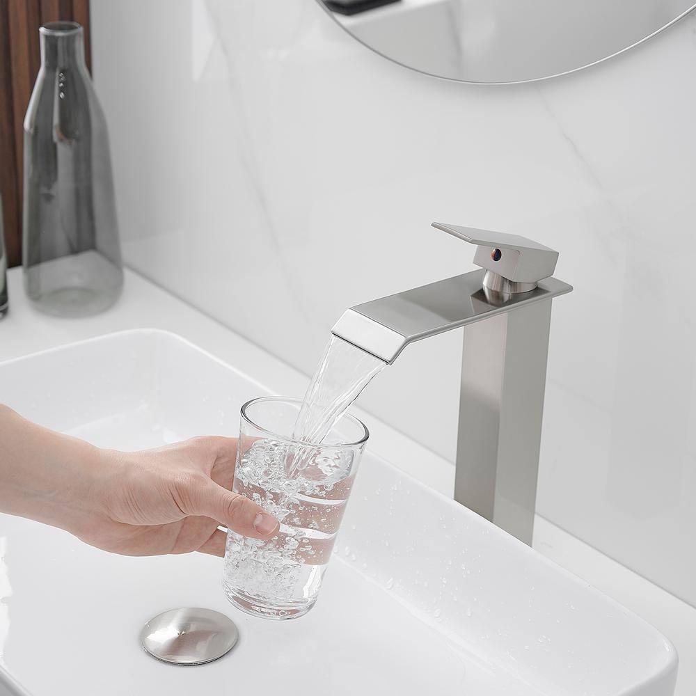 Brushed Nickel Waterfall Vessel Sink Faucet with Pop-Up Drain