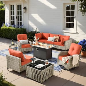 Holston 9-Piece Wicker Modern Outdoor Patio Metal Fire Pit Conversation Sofa Set with Swivel Chairs and Red Cushions