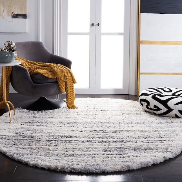 Fontana Shag 10 ft. x 10 ft. Round Ivory/Gray Distressed Striped Area Rug