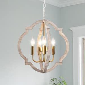 4-Light 16.33 in. Gold Wooden Lantern Rustic Chandeliers for Dining Room Kitchen with no bulbs included