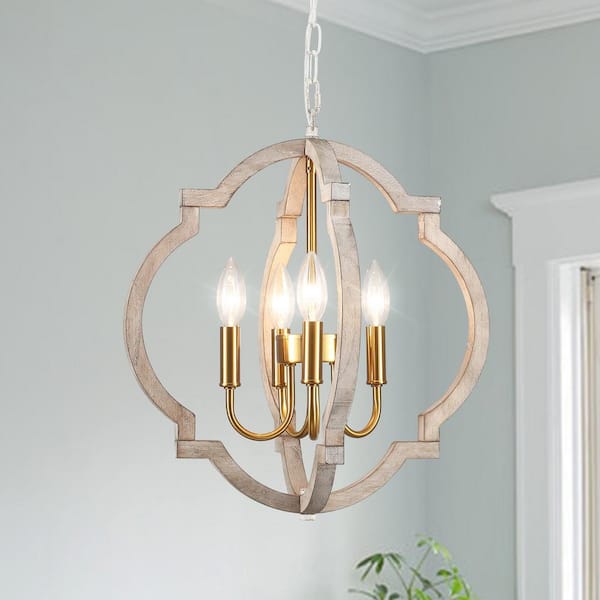 LWYTJO 4-Light 16.33 in. Gold Wooden Lantern Rustic Chandeliers for Dining Room Kitchen with no bulbs included