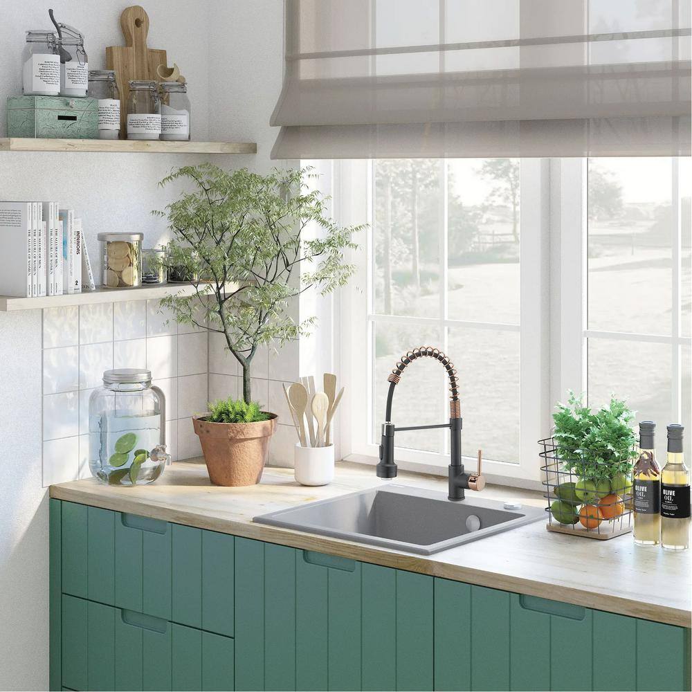 Matte Black and Rose Gold Pull Down Kitchen Faucet with LED Light