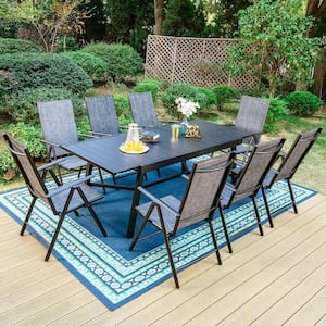 9-Piece Metal Outdoor Dining Set with Extensible Rectangular Slat Table and Gray Folding Chairs