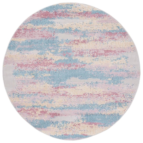 Cabana Aqua/Pink 7 ft. x 7 ft. Abstract Distressed Indoor/Outdoor Round Area Rug