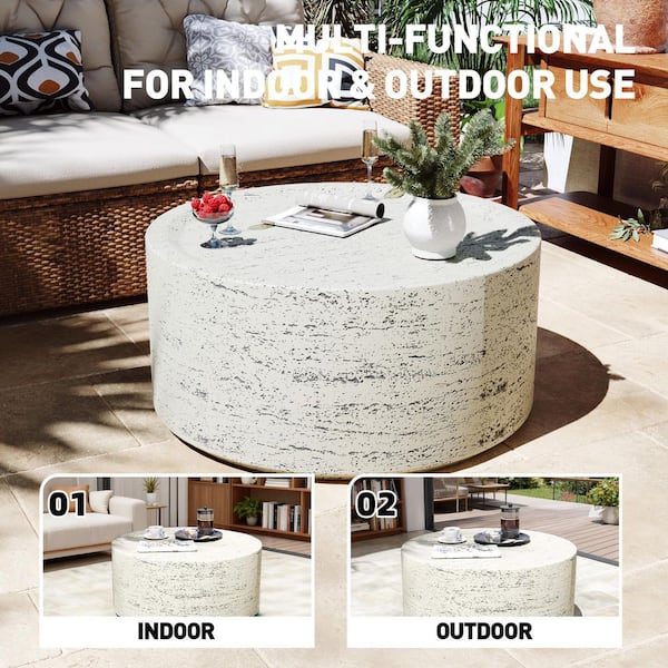 28 in. Outdoor Round Magnesium Oxide Coffee Table in Off-White