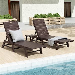 Laguna Dark Brown 3PC All Weather Fade Proof HDPE Plastic Outdoor Patio Reclining Chaise Lounge Chairs with Table Set